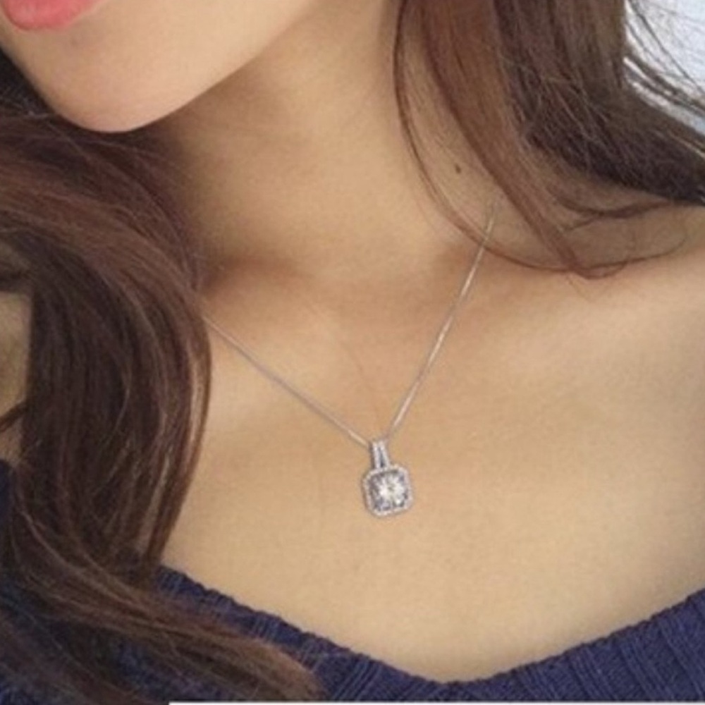 NEW Silver 3CT Diamond Halo Square Necklace - Picture 3 of 3